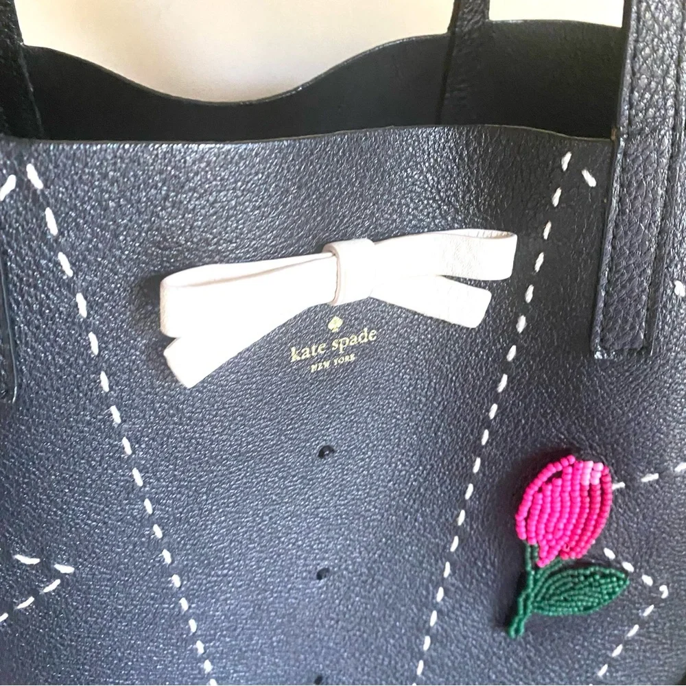 Kate Spade On Purpose Embroidered Leather Tote with tuxedo and boutonnière EUC